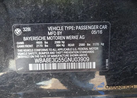 2016 BMW 328I xDrive from USA, damaged, VIN WBA8E3G55GNU03909